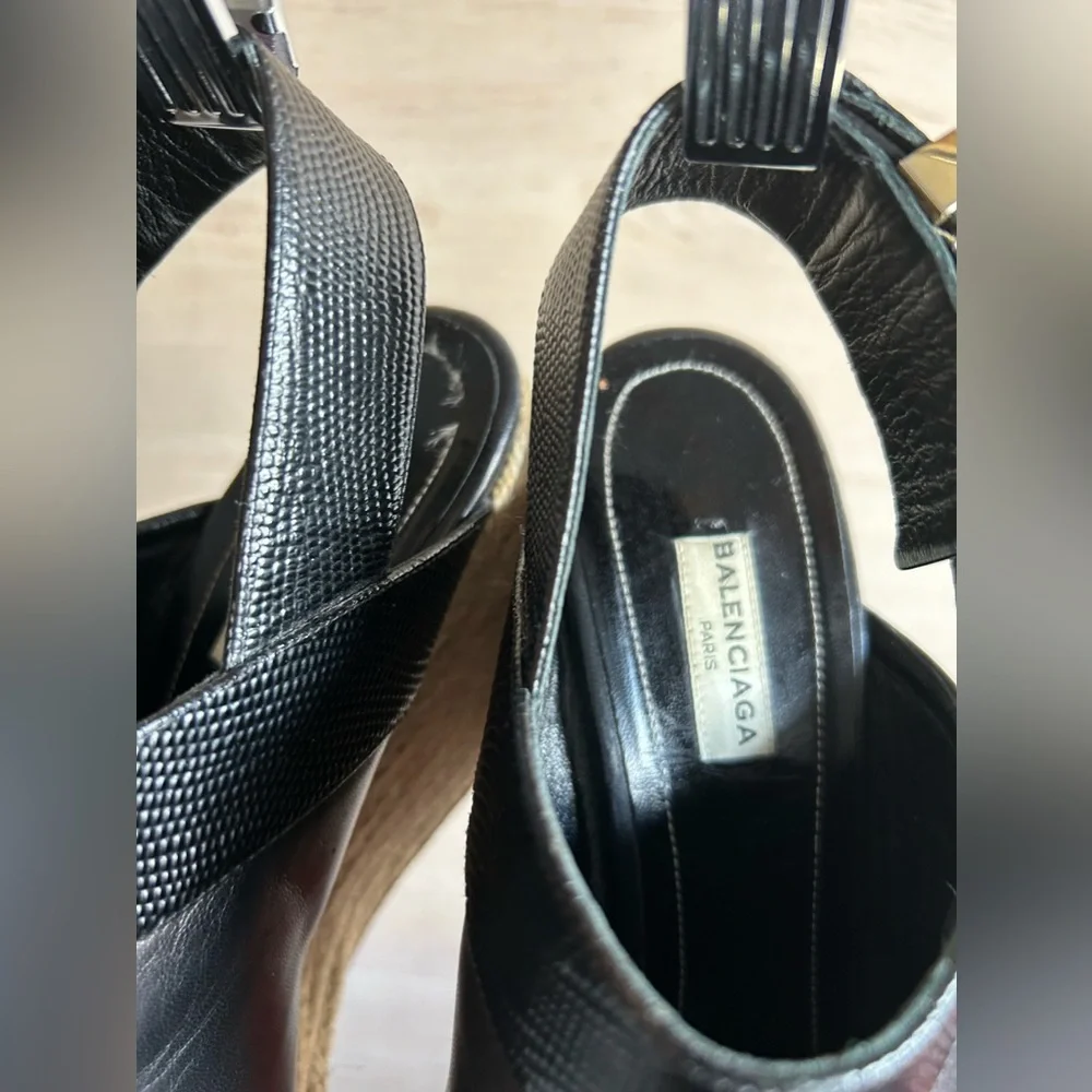 Balenciaga Black Leather Espadrille Wedge Sandals Size 10